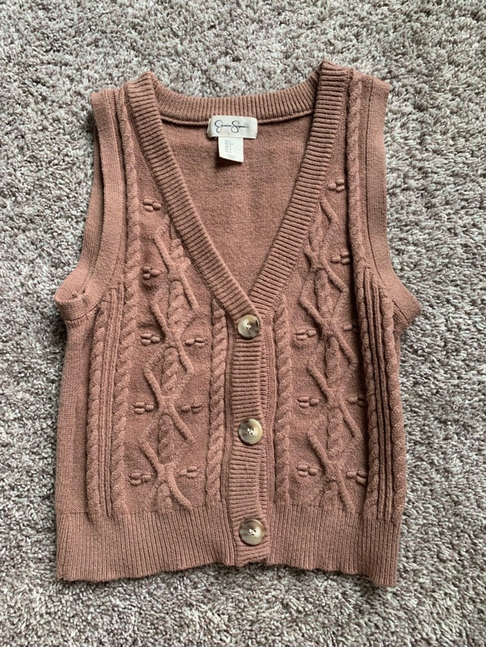 Joan Vass Brown Cable Knit Button Front Sweater Vest